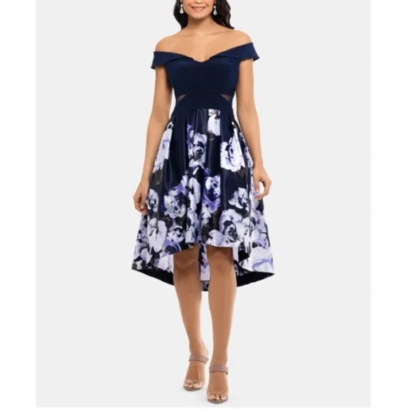 slim fit dress slacks Xscape Womens Petites Off-The-Shoulder Maxi Evening Dress Purple 14p main image 1